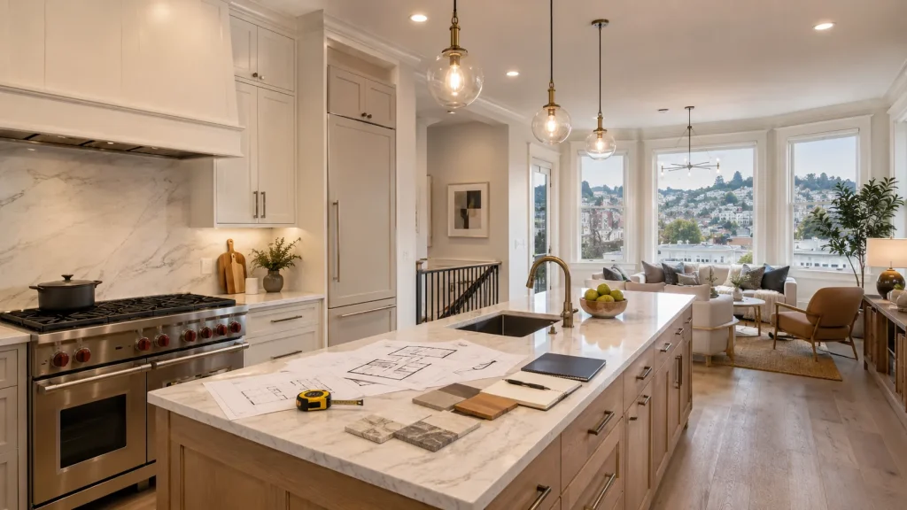 Remodeled San Francisco home interior with architectural plans and construction material samples